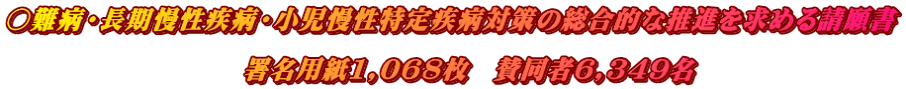 ○難病・長期慢性疾病・小児慢性特定疾病対策の総合的な推進を求める請願書  　　　　　　　　　署名用紙1,068枚　賛同者6,349名